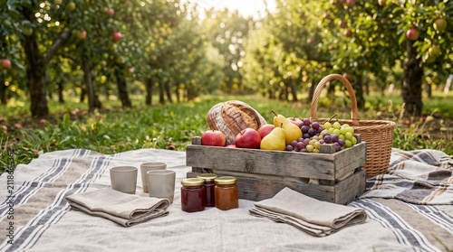 Orchard countryside picnic, fruit tree blanket setup with bread apples pears grapes linen and unlabeled jam jars without people