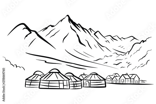 Traditional yurts and houses in a mountain landscape line art illustration