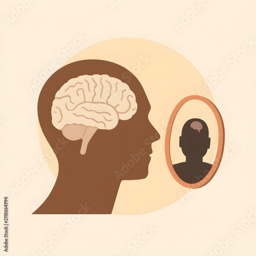 Minimalist vector art of a profile silhouette with a large brain, facing a mirror with a tiny brain reflection.