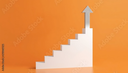 A simple 3D image of a white staircase and an upward arrow, representing advancement and success against a bright orange backdrop.