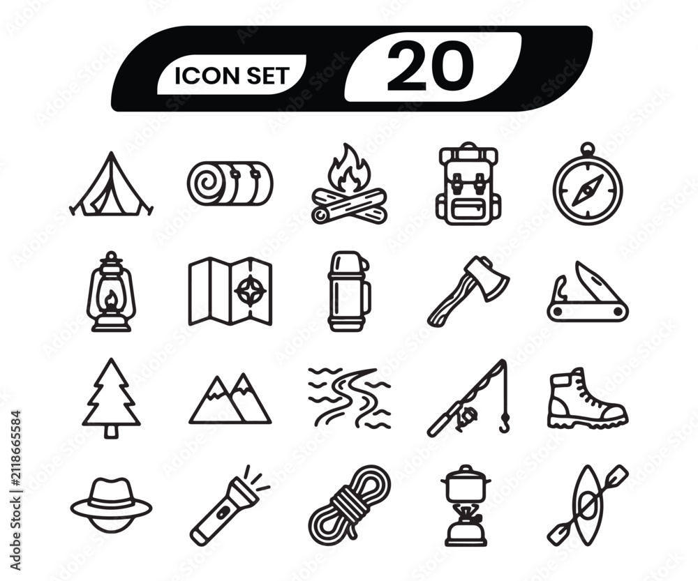 Fototapeta premium Camping icon set with mountain tent compass and hiking equipment line art vector illustration