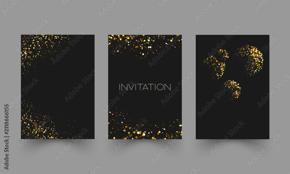Obraz premium Set of luxury black invitation card templates with gold glitter and sparkling frames