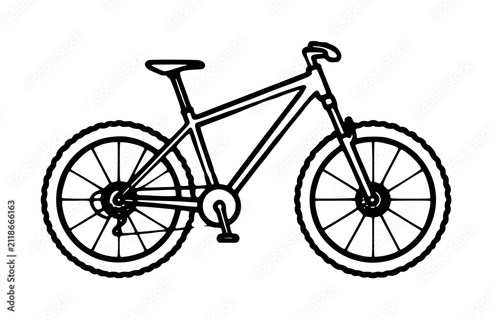 Obraz premium Hand-drawn mountain bike vector icon illustration featuring knobby tires, sturdy frame, saddle, handlebars, and pedals in detailed black line art style for outdoor adventure designs