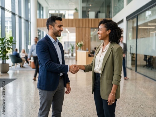Diverse business partners shaking hands in a bright modern office lobby.