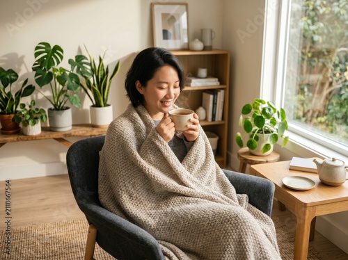 Happy woman wrapped in a cozy blanket drinking hot tea at home with plants.