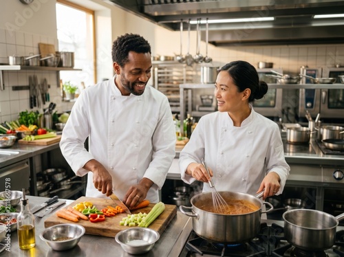 Diverse professional chefs cooking together in a modern commercial kitchen.