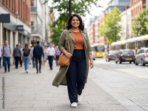 Confident smiling woman walking through a busy urban city street.