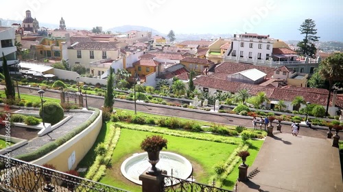 Panoramic view of historic rooftops and church towers in La Orotava, Tenerife, Canary Islands, Spain