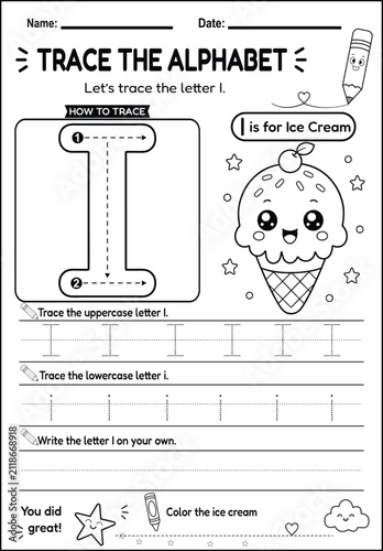 Printable Letter I tracing worksheet with uppercase and lowercase handwriting practice, stroke order, and a cute ice cream coloring activity. Ideal for preschool, kindergarten, homeschool.