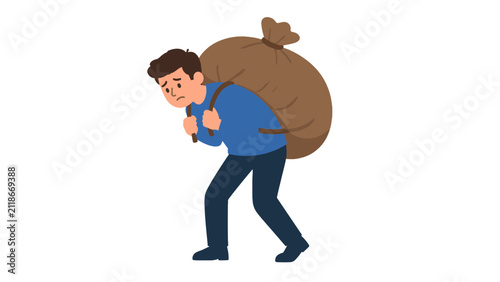 Overburdened man carrying a heavy sack on his back