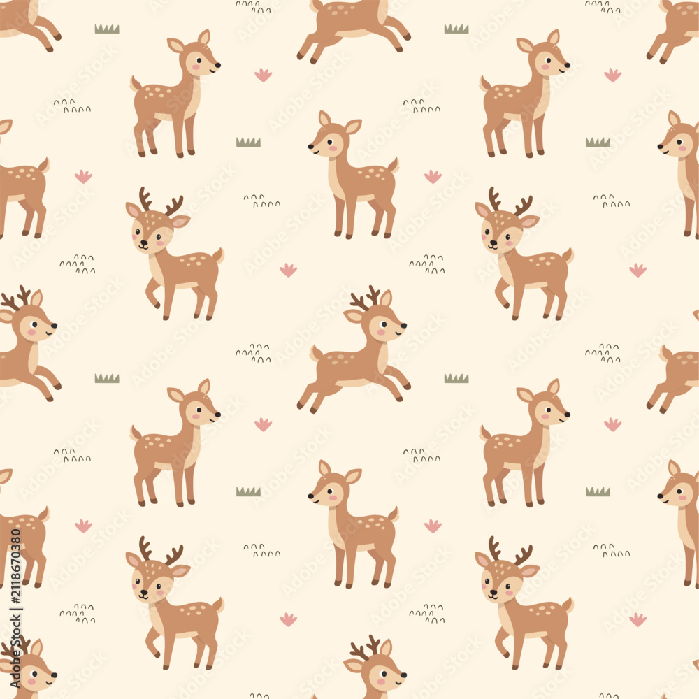 Naklejka premium Cute Deer Seamless Pattern Illustration with Running Jumping Fawn Character, Minimalist Kawaii Woodland Animal Background, Kids Nursery, Repeatable Wallpaper Design