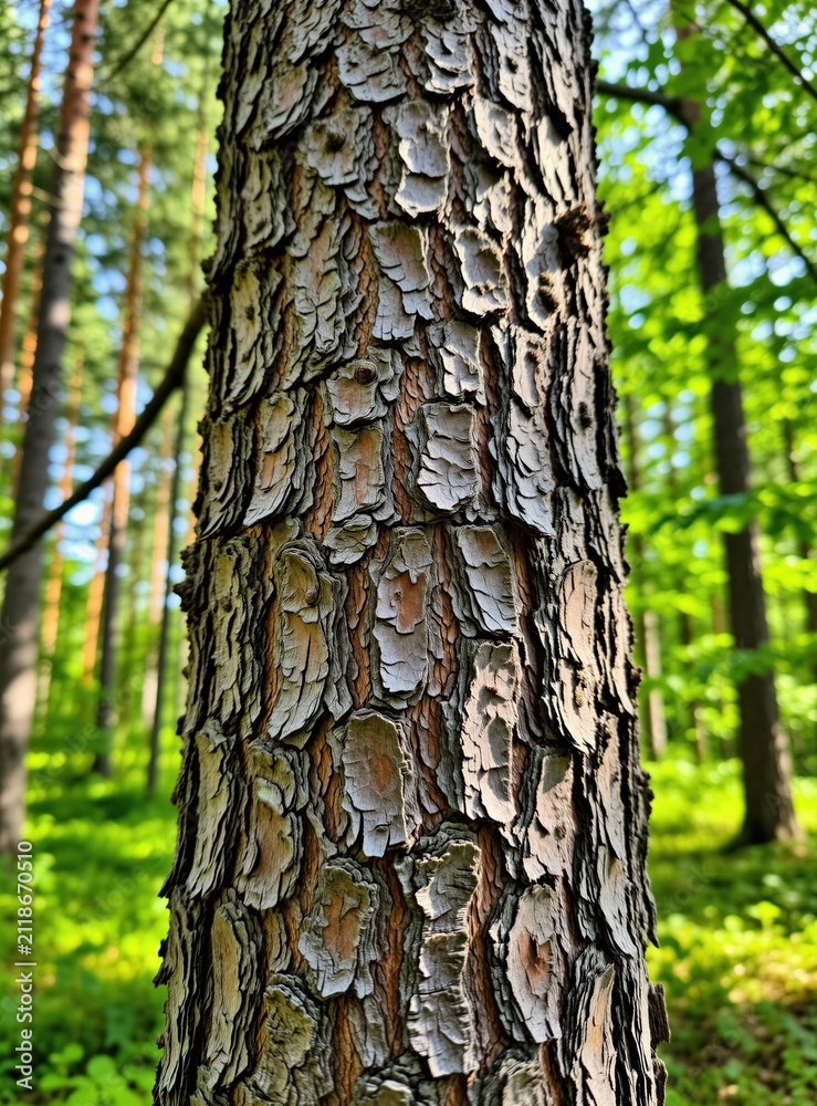 Fototapeta premium Close up view of pine tree trunk bark in forest. Textured wood surface shows natural pattern of old conifer plant in summer woods. Vertical outdoor shot with blurred green background, sun light beams