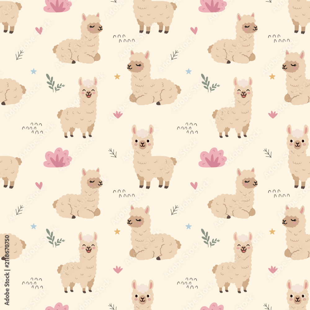Obraz premium Cute Llama Alpaca Seamless Pattern Illustration with Fluffy Sitting Standing Character, Minimalist Kawaii Animal Background, Hearts Stars, Kids Nursery, Repeatable Wallpaper Design