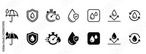 Water Protection Icon Set for Waterproof, Moisture Resistance, Water Safety and Hydration Concept in Outline, Glyph, and Fill Style . Vector Illustration