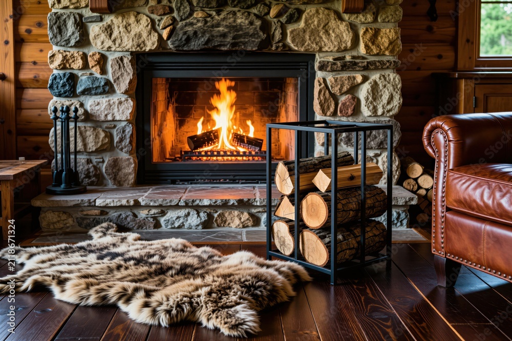 Obraz premium Cozy rustic living room interior features stone fireplace with bright fire logs. Wooden floor shows plush fur rug, metal log holder with firewood. Leather armchair adds warmth.