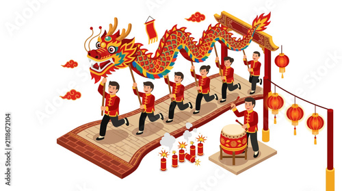 Chinese Dragon Dance Festival Celebration People Parade with Lanterns