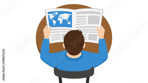 Top view of man reading newspaper at a table vector illustration