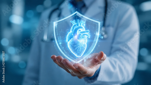 Futuristic cardiology technology visualization with a virtual heart shield symbolizing protection, innovation and intelligent healthcare solutions
