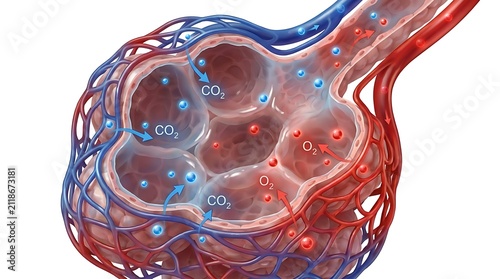 Anatomical diagram of pulmonary alveoli and gas exchange process with exchange
