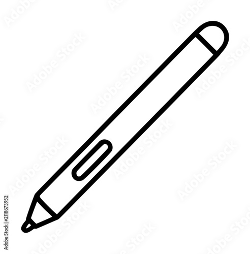 Minimalist hand-drawn vector illustration icon of a stylus drawing pen tool, featuring a sleek elongated body, clip detail, and pointed tip, outlined in bold dark gray line art on a transparent