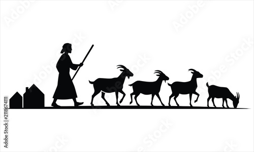 Obraz na plátně Silhouette illustration of a shepherd herding a small group of goats near rural