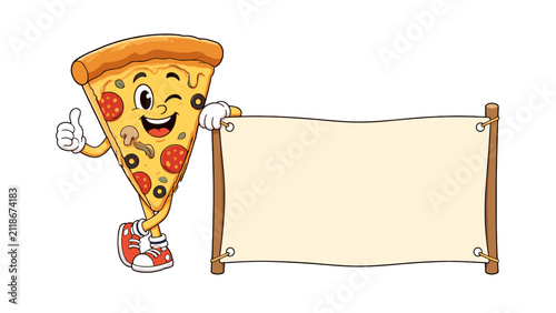 Cartoon pizza slice mascot holding a blank banner sign