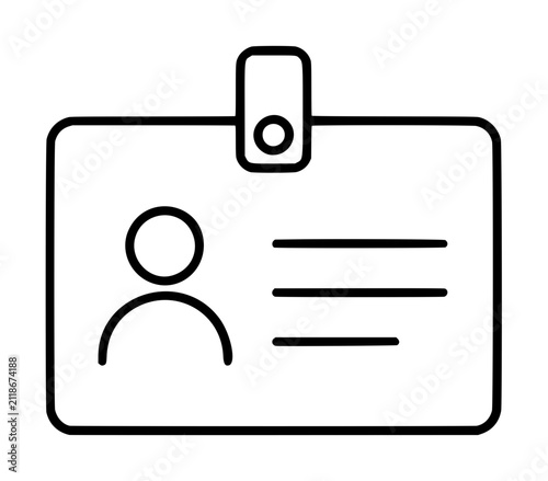 Hand-traced vector illustration of an employee ID badge with portrait silhouette, clip attachment, and text lines, simple line-art icon design on white background, monochrome outline drawing