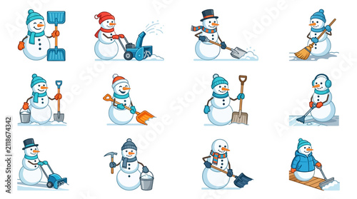 Set of Cute Snowmen Characters Performing Winter Snow Removal and Cleaning Activities with Shovels and Tools