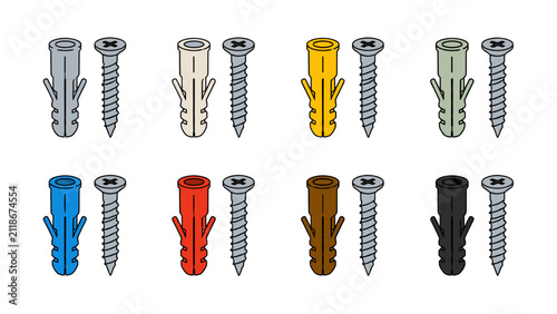 Set of colored wall plugs with screws cartoon vector icons