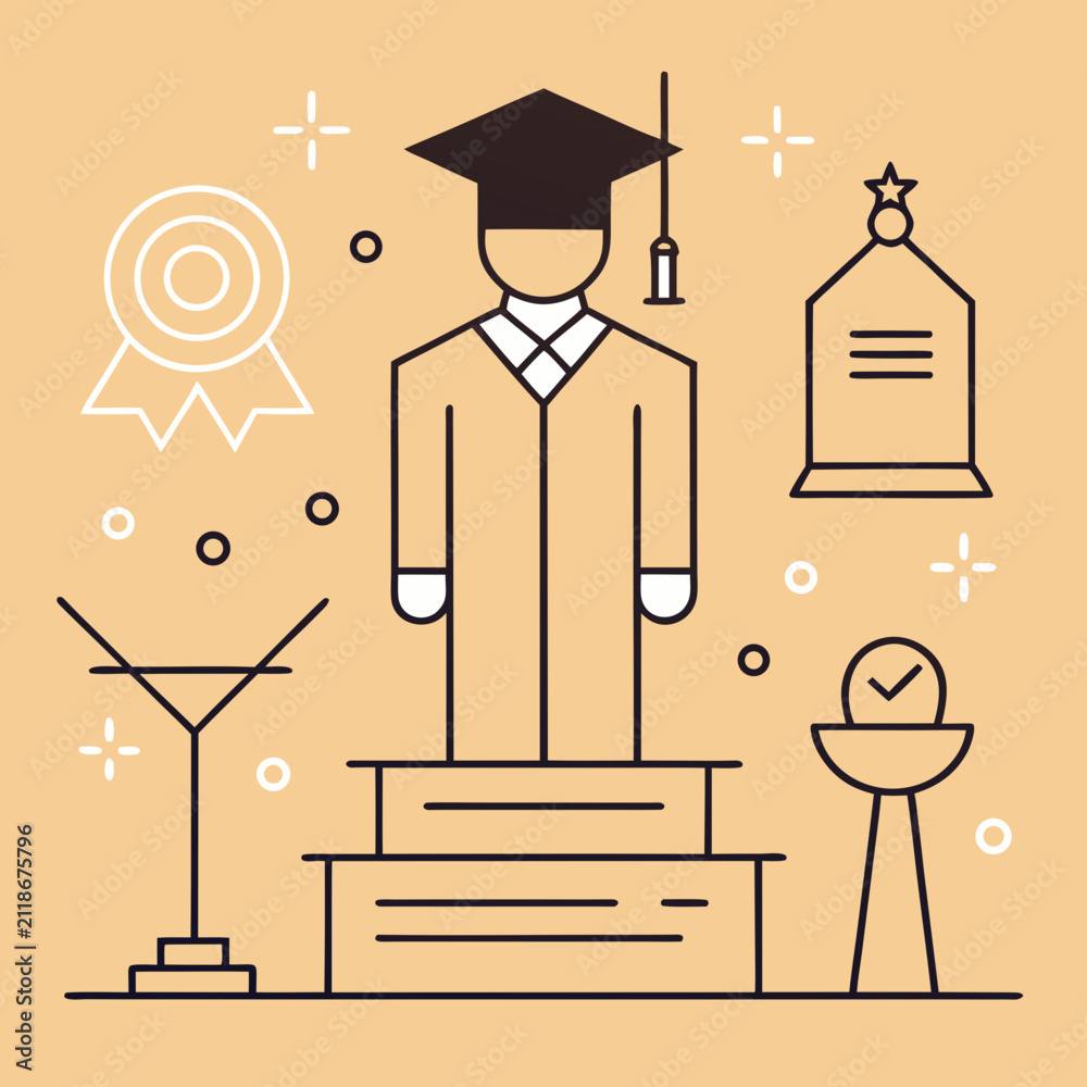Naklejka premium Academic graduation ceremony icons with student cap diploma award medal and podium for educational achievement university themes.