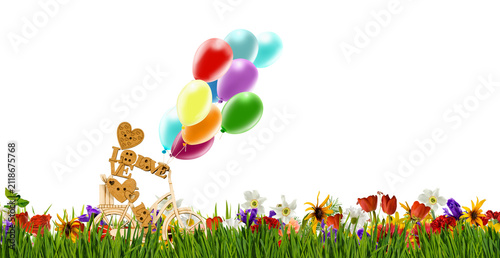 Colorful balloons on a bicycle with a flower garden scene during a sunny day in spring