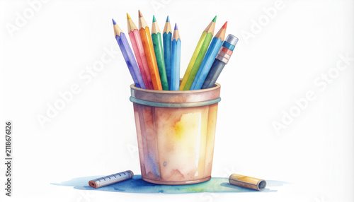 Hand Painted Watercolor Pencil Holder with Colored Pencils Pens Paintbrushes Ruler and Scissors Isolated on White Background