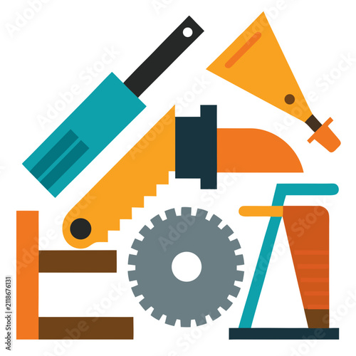Industrial construction tools and equipment set featuring saw and mechanical hardware components for professional workshop repair tasks.