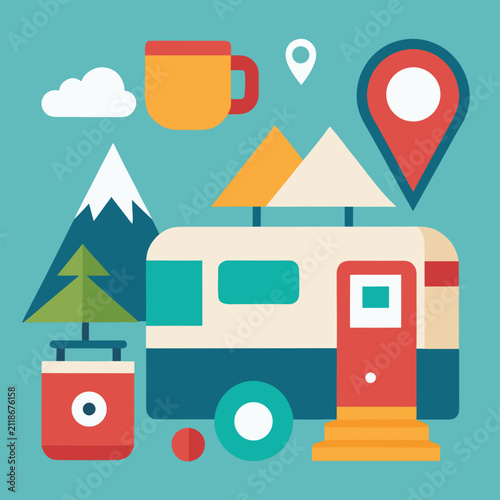 Travel adventure concept with camper van mountain landscape navigation pin and coffee cup for outdoor camping holidays scenery.