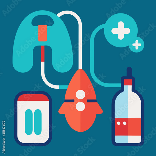 Medical healthcare diagnosis equipment collection with intravenous drip bag heart monitor pulse sensors and health check fluids.