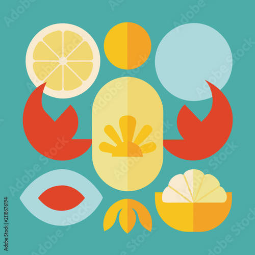 Abstract geometric crab composition with citrus fruit slices and marine elements in flat style vibrant orange and teal color palette.