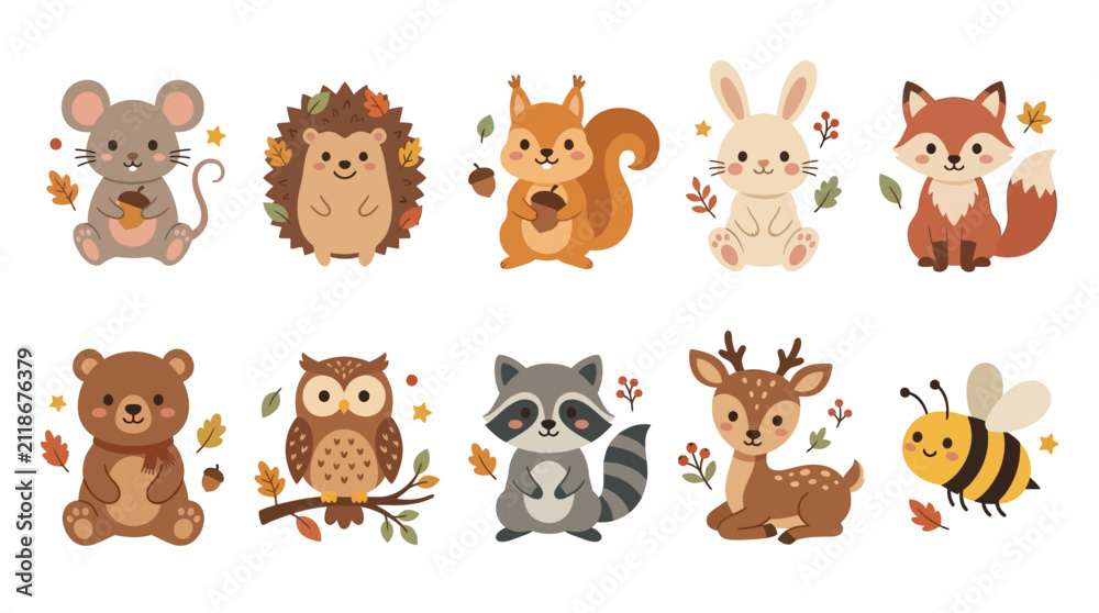 Obraz premium Cute autumn woodland animals set vector illustration.