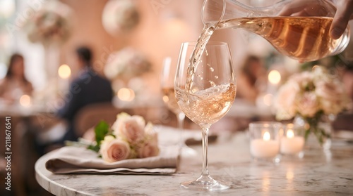 Pouring rose wine into a glass at a dinner party celebration with celebration