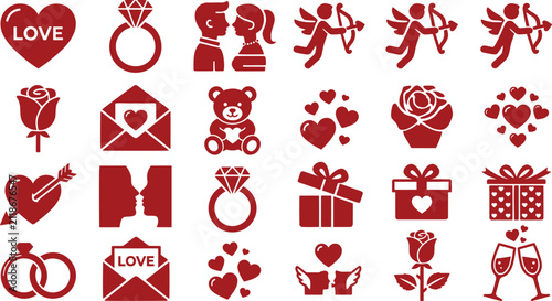 Bild auf Leinwand Red Valentine's Day Icons in a Grid with Romantic Symbols on White Background