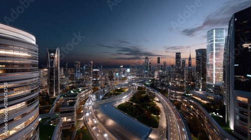 Futuristic Cityscape at Twilight: A sprawling, modern metropolis glitters with illuminated skyscrapers and intricate roadways under a darkening twilight sky.