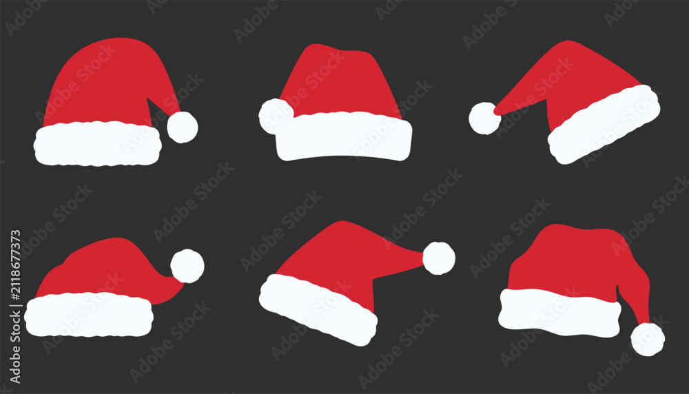 Obraz premium Set of santa claus hats, christmas red hats with white fur trim, vector illustration isolated on black