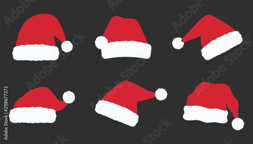 Set of santa claus hats, christmas red hats with white fur trim, vector illustration isolated on black