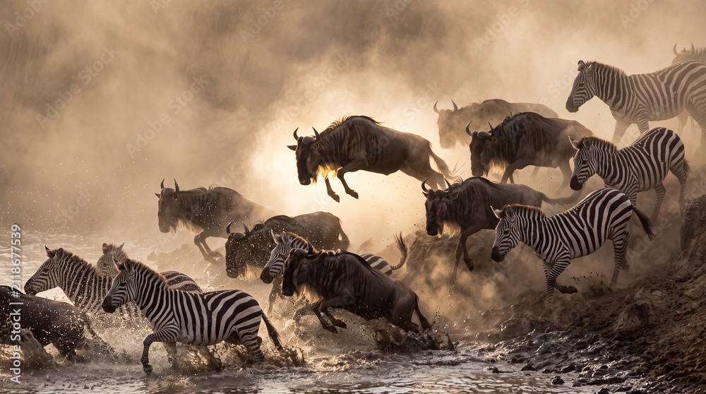 Obraz premium Clean, high-detail photo of a wild migration stampede and savanna conservation subject, ideal for nature publications.