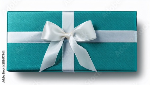 Turquoise Gift Box With White Satin Ribbon And Bow Isolated On Transparent Background