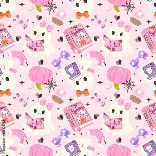 Cute Bookish Ghost Seamless Pattern, Pastel Pink Halloween Reading Books Graphic