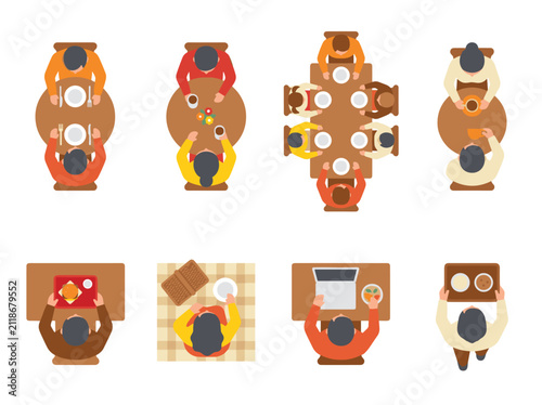 Top down view set of people sitting at tables dining and working, cafe atmosphere, restaurant seating arrangement, indoor lifestyle scenes