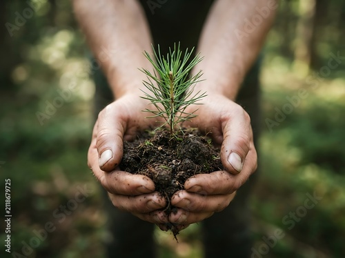 A close up view of a person holding a small green pine tree seedling with soil in their cupped hands outdoors