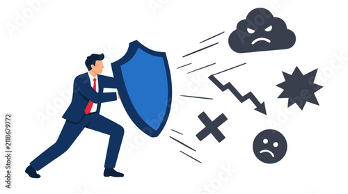 Businessman protecting himself with shield from negative symbols crisis concept vector illustration on white background