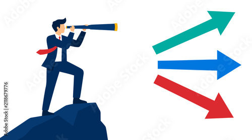 Businessman in suit standing on mountain peak with spyglass looking toward three large colorful arrows pointing in different directions, flat design concept of choice and strategic vision