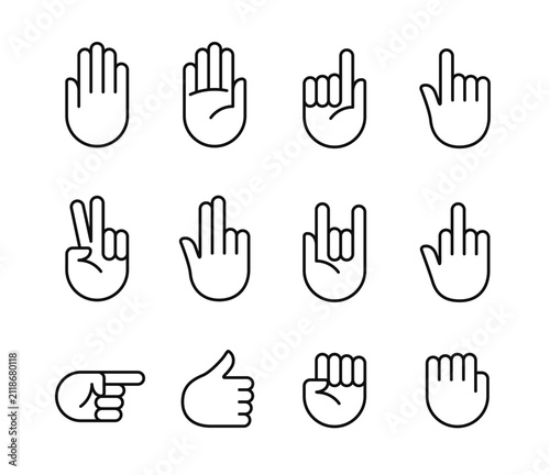 Hand gesture line icons set. Collection of finger signs and communication symbols.